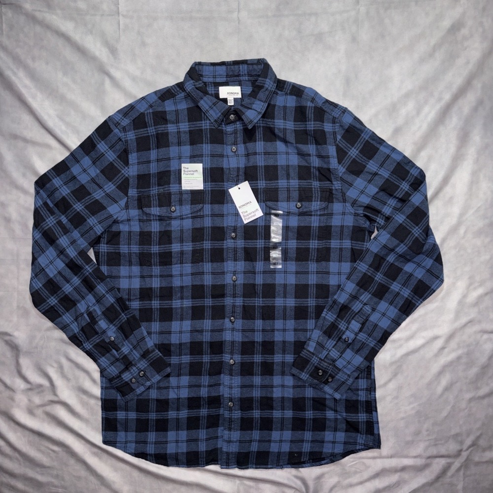 NWT Sonoma Men's Supersoft Flannel Long Sleeve Button Down Shirt XLT Blue Black